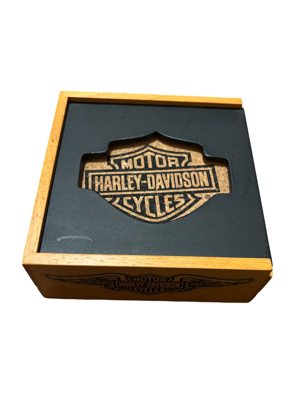 Official Harley-Davidson Cork Coaster Set with Wooden Holder Case - Set of 4